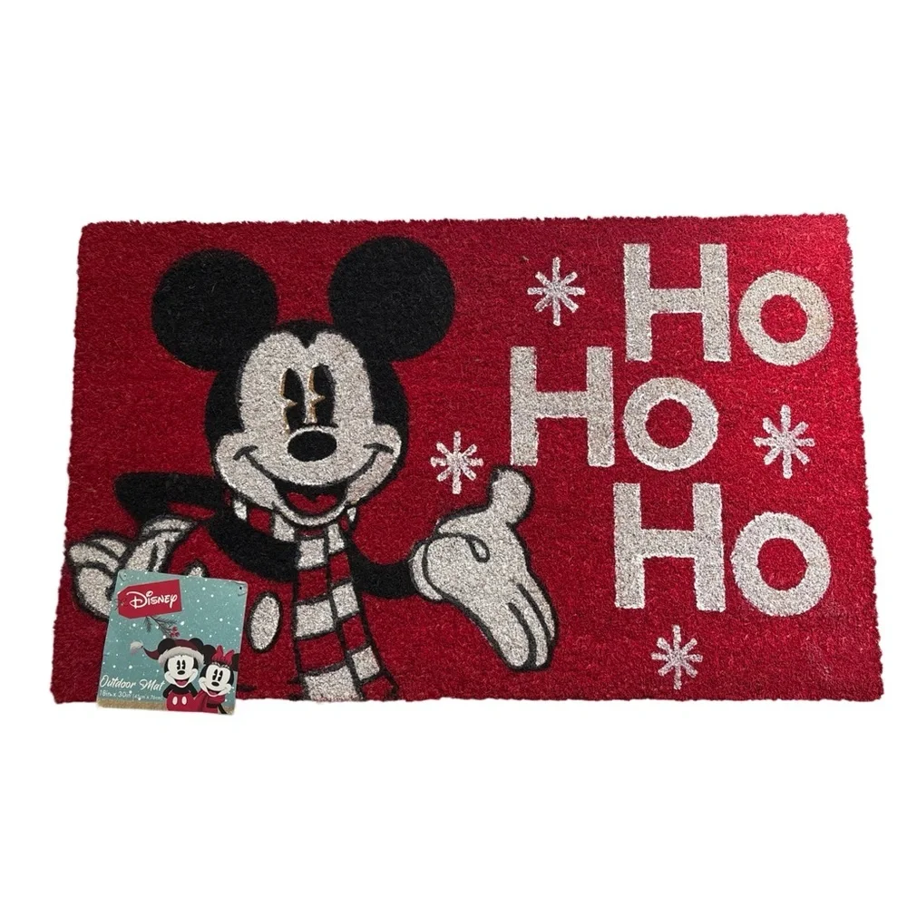 Disney Mickey Mouse Christmas Holidays Snow Flakes Red Coir Outdoor Mat 18”X30”